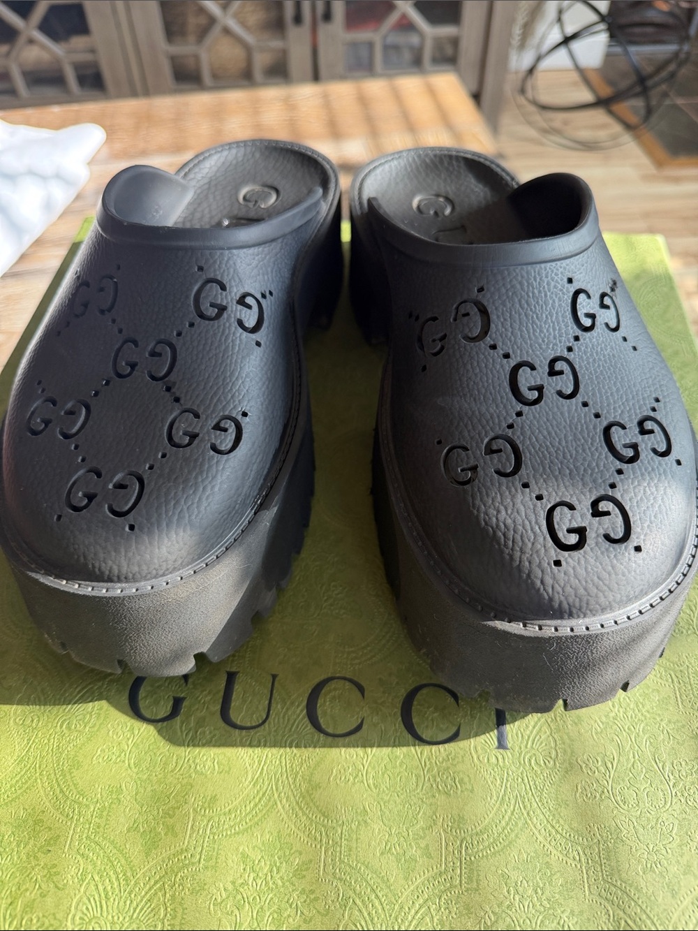 Gucci Black Perforated GG Platform Clogs